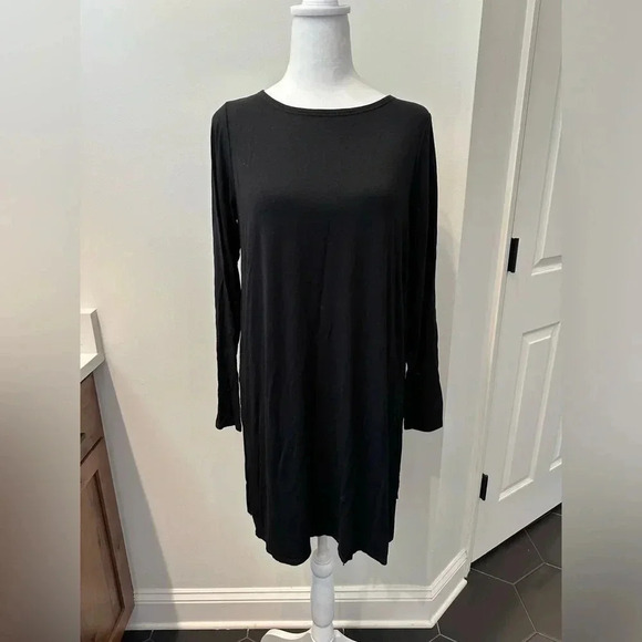 Eileen Fisher Black Viscose Jersey Scoopneck Long Sleeve Swing Tunic Dress Sz SP - Picture 1 of 5